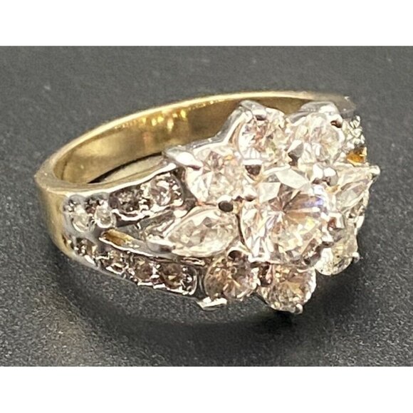 ROMAN Ring Yellow Gold Plated Women's Sz 9 CZ Flower Cluster Tests 10k Plated - Picture 2 of 10